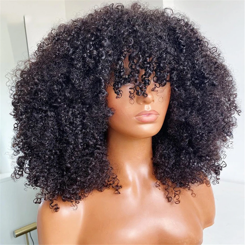 ZSF Hair Short Black Afro Kinky Curly Bob Machine Wig With Bang Human Hair Wigs