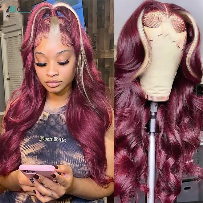 ZSF Burgundy With Blonde Skunk Stripe Highlight Body Wave Lace Frontal Colored Hair Pre-Plucked Natural Hairline