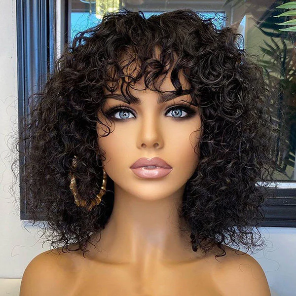 ZSF Short BoB Curly  Wig With Bangs Bouncy Curly Glueless Wear Go Bob Wigs Full Machine Made