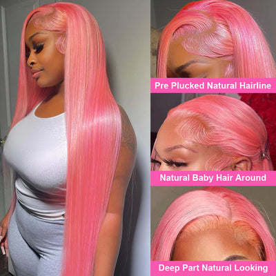 (BUY 1 GET 1 Free) ZSF Pink Colored Wigs Straight Lace Frontal Wig 100% Human Hair 1Piece