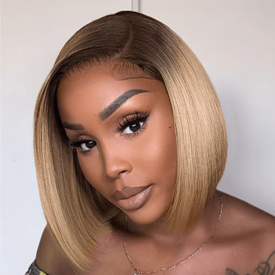 ZSF  Brown Ombre Ginger Silky C Part Blunt Cut Smooth Straight Short Bob Wig Brazilian Lace Virgin Hair 1Piece