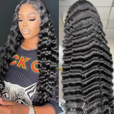 34" 38" 40" ZSF Wave Hair Full Lace Frontal Wig 100% Human Wig Natural Black