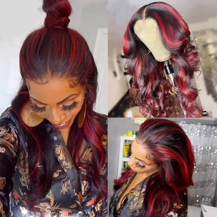 ZSF Burgundy Black Highlights Mix Color Transparent Lace Wig Body Wave Colored Human Hair Wig