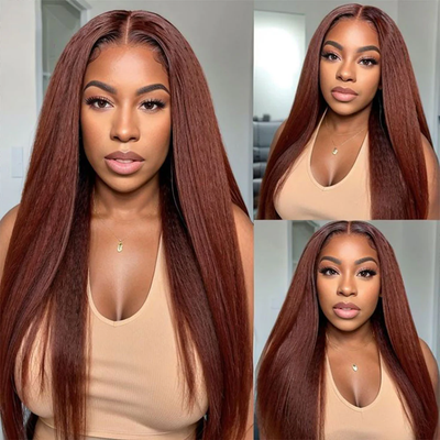 ZSF Auburn Brown #33 Yaki Straight Copper Transparent Lace Wig Pre-Plucked 100% Human Hair