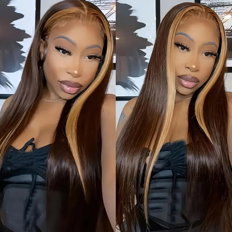 ZSF New Arrivals Brown With Honey Blonde Streaks Middle Part Body Wave Lace Frontal Human Hair Wigs