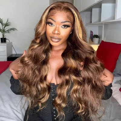 (BUY 1 GET 1 Free) Highlight Body Wave Transparent Lace Wig 4/27 Colored Human Virgin Hair One Piece