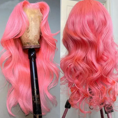 (Clearance Sale) ZSF Pink Body Wave Pre-Plucked Middle Part Lace Frontal Wig Human Hair 1Piece