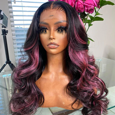 ZSF New Arrival Black Hair Mix Purple Highlights Straight Hair HD Lace Human Wig Pre-Plucked Natural Hairline