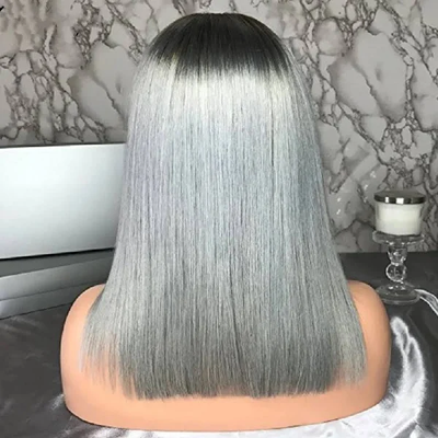 (Clearance Sale) ZSF Hair Transparent Lace 1B/Grey Straight Virgin Hair Bob Lace Wig Frontal Human Hair