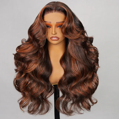 ZSF Ginger Highlight Brown Body Wave Lace Front Wigs Brazilian Human Hair Pre Plucked