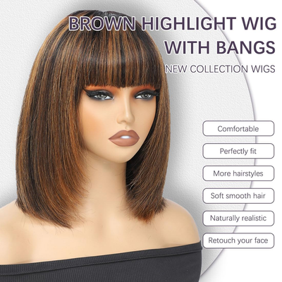 ZSF Brown Highlight 1B/30# Hair Bob None Lace Wig Layer Cut Short Bob Wig With Bang Straight Wig