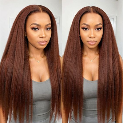 ZSF Auburn Brown #33 Yaki Straight Copper Transparent Lace Wig Pre-Plucked 100% Human Hair