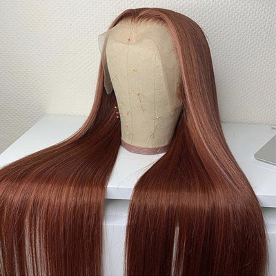 (Clearance Sale)ZSF Auburn Brown 33# Straight Transparent Lace Wig Dark Ginger Human Hair