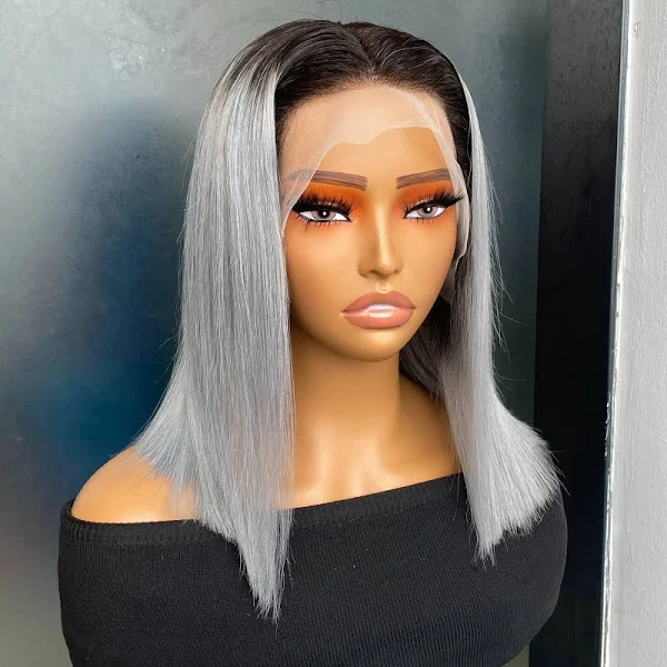 (Clearance Sale) ZSF Hair Transparent Lace 1B/Grey Straight Virgin Hair Bob Lace Wig Frontal Human Hair