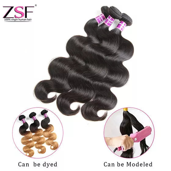ZSF 10A Grade Body Wave 3Bundles With Lace Frontal 100% Human Hair Natural Black