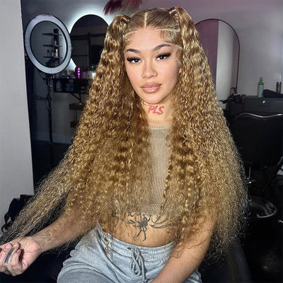 ZSF Hair Honey Blonde 27# Water Wave Lace Closure Wig Pre Plucked Brazilian Human Hair Natural Hairline