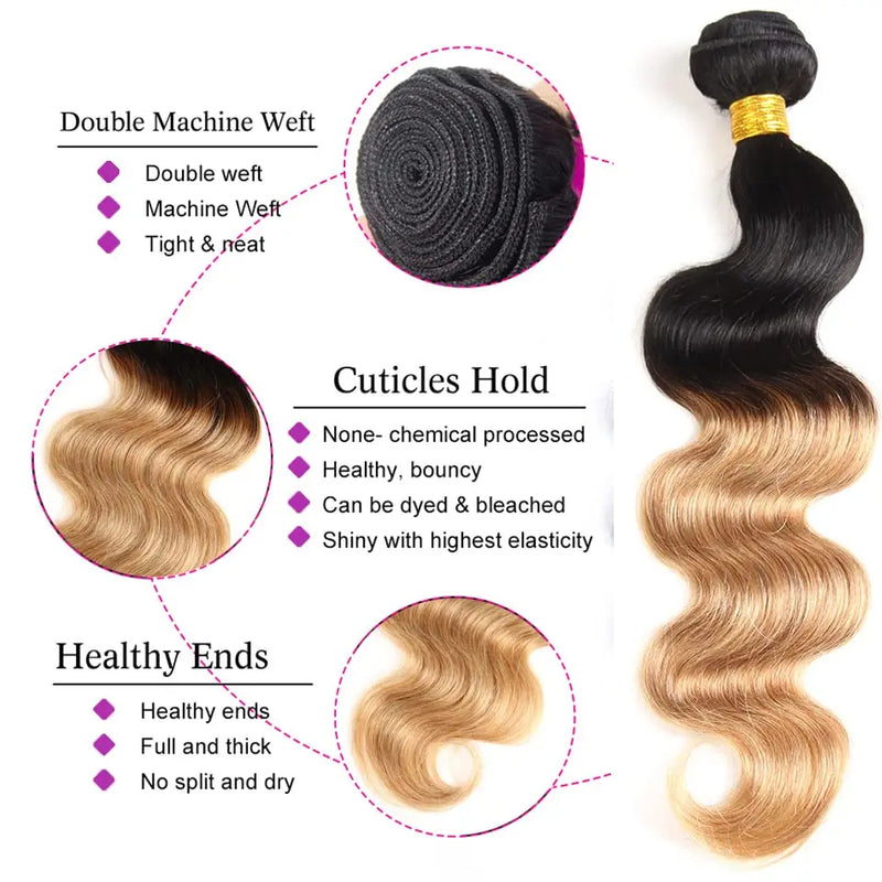 ZSF T1B/27 Ombre Blonde Body Wave Human Hair 3Bundles With Lace Closure Brazilian Remy Hair