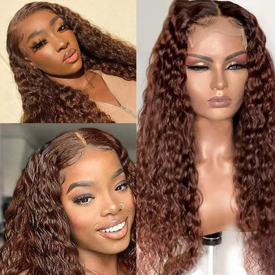 ZSF Chocolate Brown #4 Water Wave 3Bundles With Lace Closure 100% Virgin Human Hair