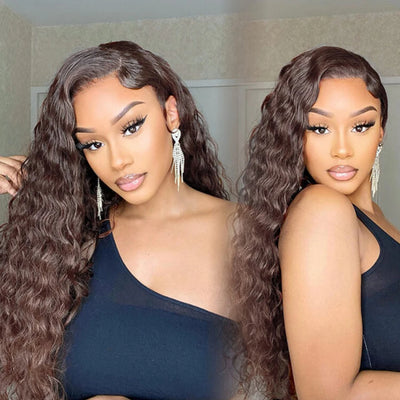 ZSF Chocolate Brown #4 Water Wave 4Bundles With 13*4 Lace Frontal 100% Virgin Human Hair