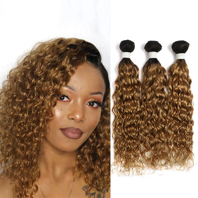 ZSF T1B/27 Ombre Blonde Water Wave Human Hair 3Bundles With Lace Closure Brazilian Remy Hair