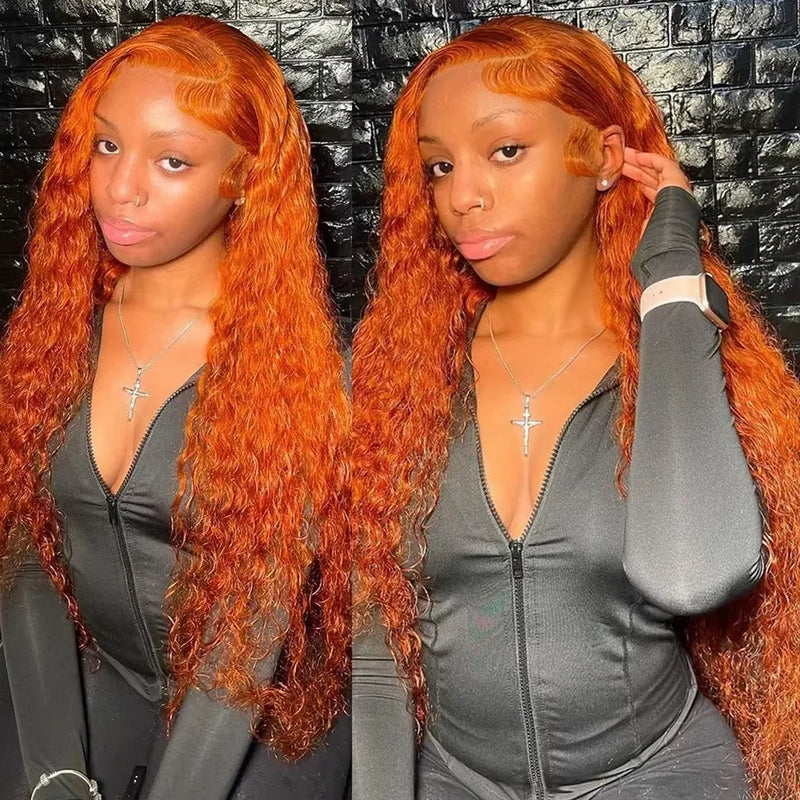 ZSF Ginger Orange Color Water Wave Curly Lace Frontal Wig Pre-Plucked HD Lace 100% Human Hair Wig