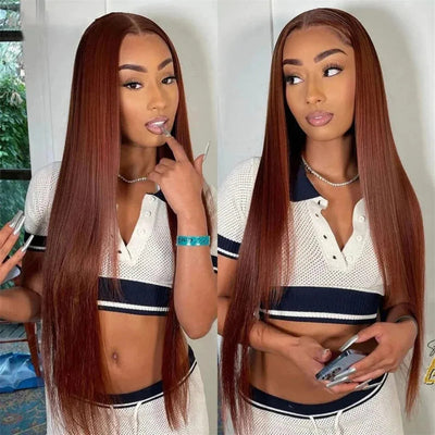 ZSF Auburn Brown #33 Straight Virgin Hair 3 Bundles With Lace Frontal 100% Human Hair