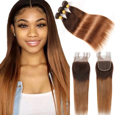 ZSF Ombre T4/30 Straight Virgin Hair 3Bundles With Lace Closure 100% Human Hair