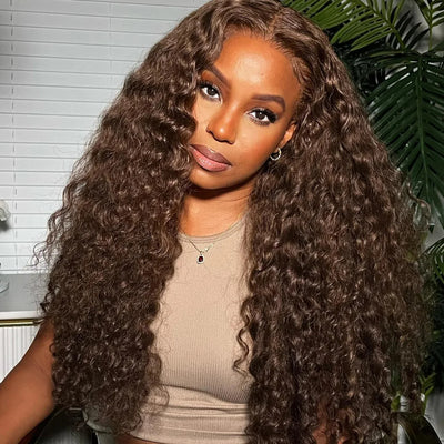 ZSF Chocolate Brown #4 Water Wave 4Bundles With Lace Closure 100% Virgin Human Hair