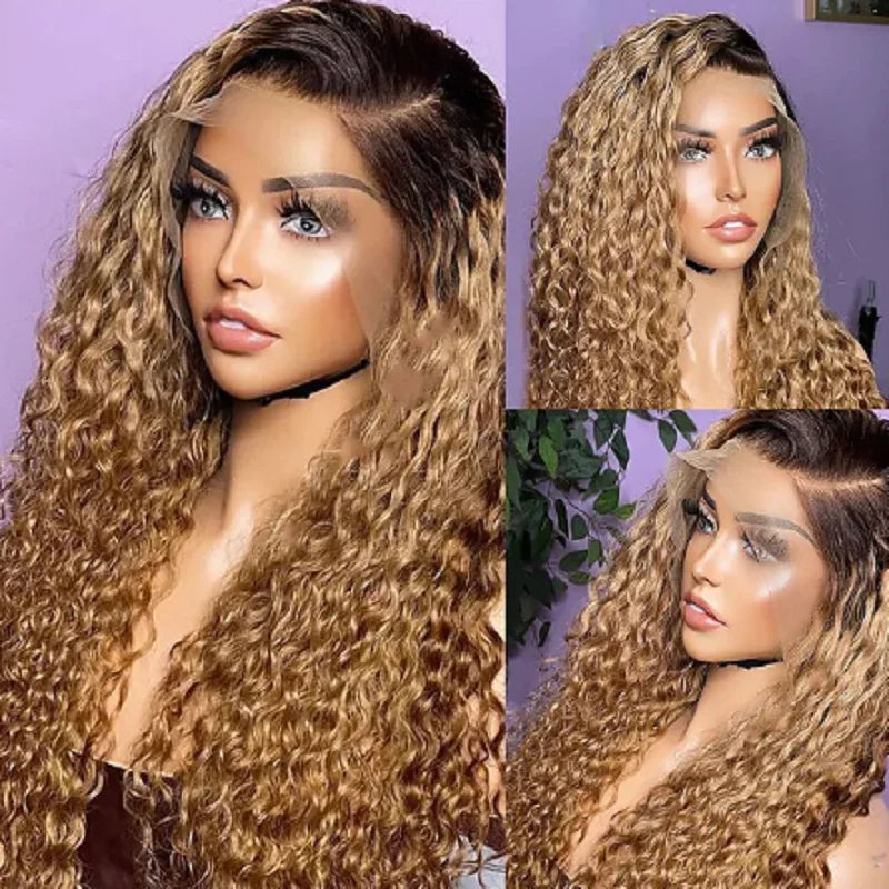 ZSF T1B/27 Ombre Blonde Water Wave Human Hair 4Bundles With Lace Closure Brazilian Remy Hair