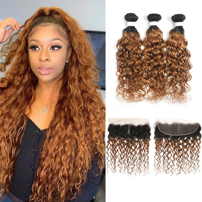 ZSF Ombre T4/30 Water Wave Virgin Hair 3Bundles With Lace Frontal 100% Human Hair