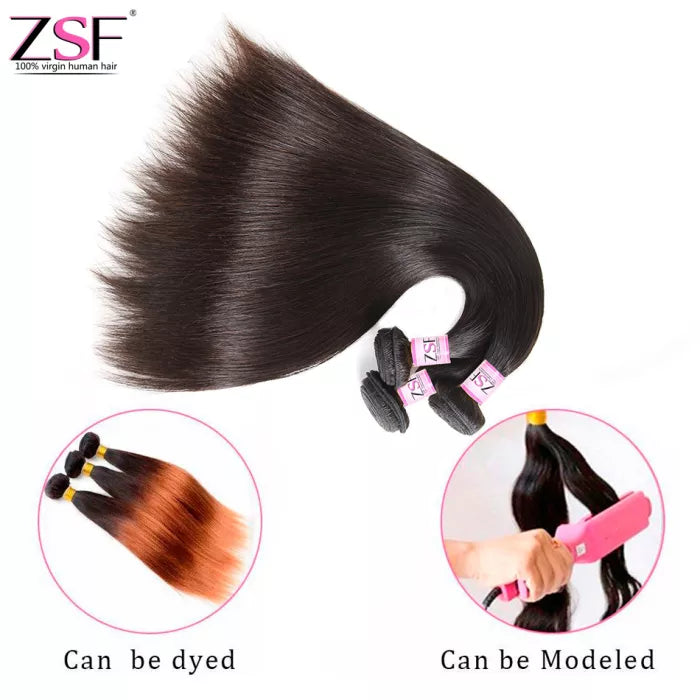 ZSF 10A Grade Straight 3Bundles With Lace Frontal 100% Human Hair Natural Black