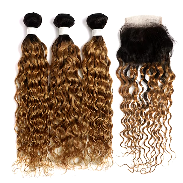 ZSF T1B/27 Ombre Blonde Water Wave Human Hair 3Bundles With Lace Closure Brazilian Remy Hair