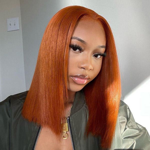 ZSF Glueless Short Copper Ginger Color Straight Bob Lace Human Hair Wigs Natural Black Hairline