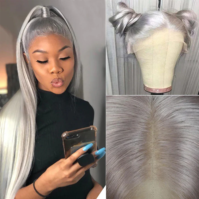 (BUY 1 GET 1 Free)ZSF Best Light Icy Silver Grey Body Wave Lace Frontal Colored Hair Lace Wig For Woman