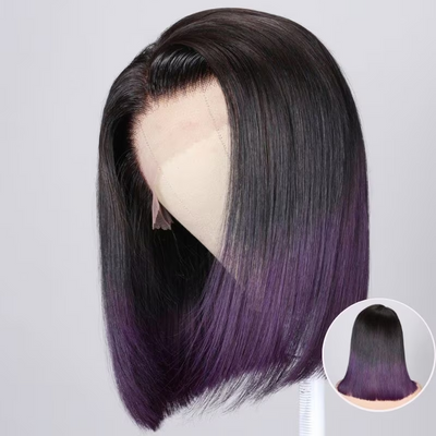 ZSF Purple Highlight Balayage Straight Bob Shadow Dark Root Human Hair Wig 1Piece