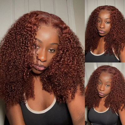 ZSF Transparent Lace Auburn Brown 33# Kinky Curly Bob Lace Wig Unprocessed Human Hair 1Piece