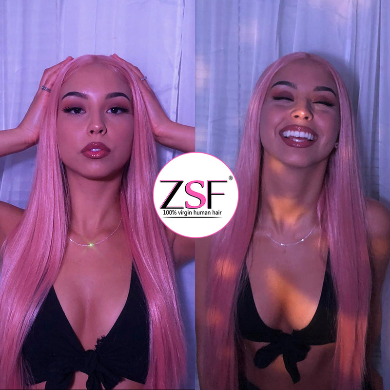 (BUY 1 GET 1 Free) ZSF Pink Colored Wigs Straight Lace Frontal Wig 100% Human Hair 1Piece