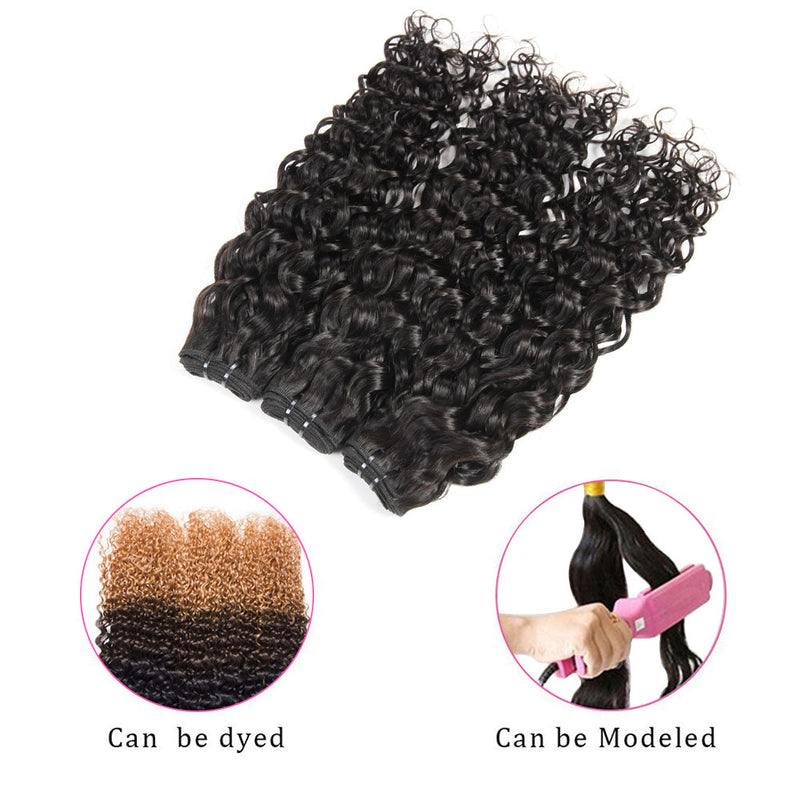 ZSF 10A Grade Water Wave Virgin Hair 4Bundles With Lace Frontal 100% Human Hair Natural Black