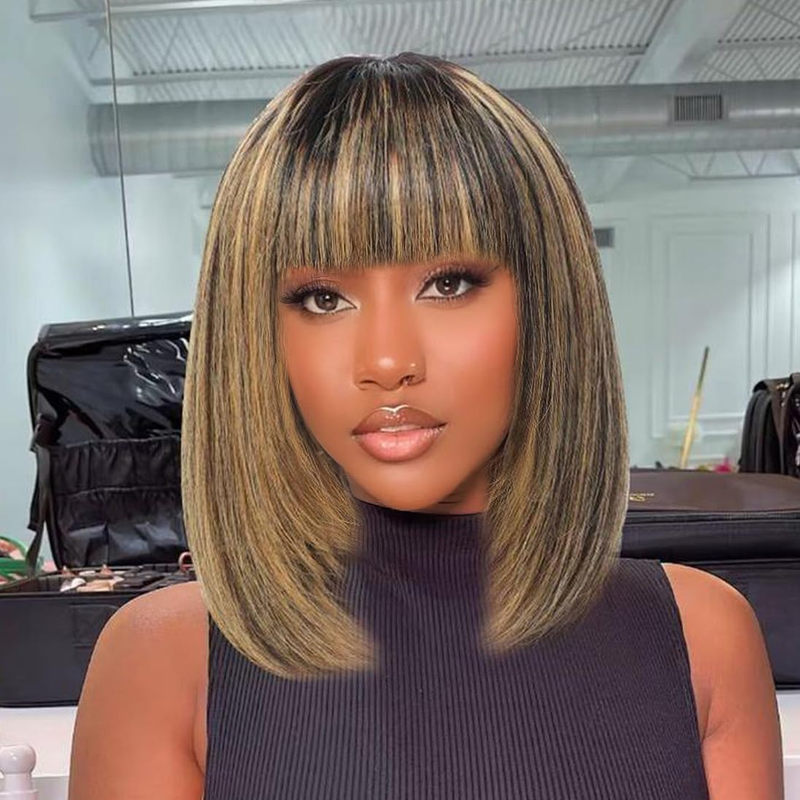 ZSF Hair Short Silky Black Straight Bob Machine Wig With Bang Human Hair Wigs