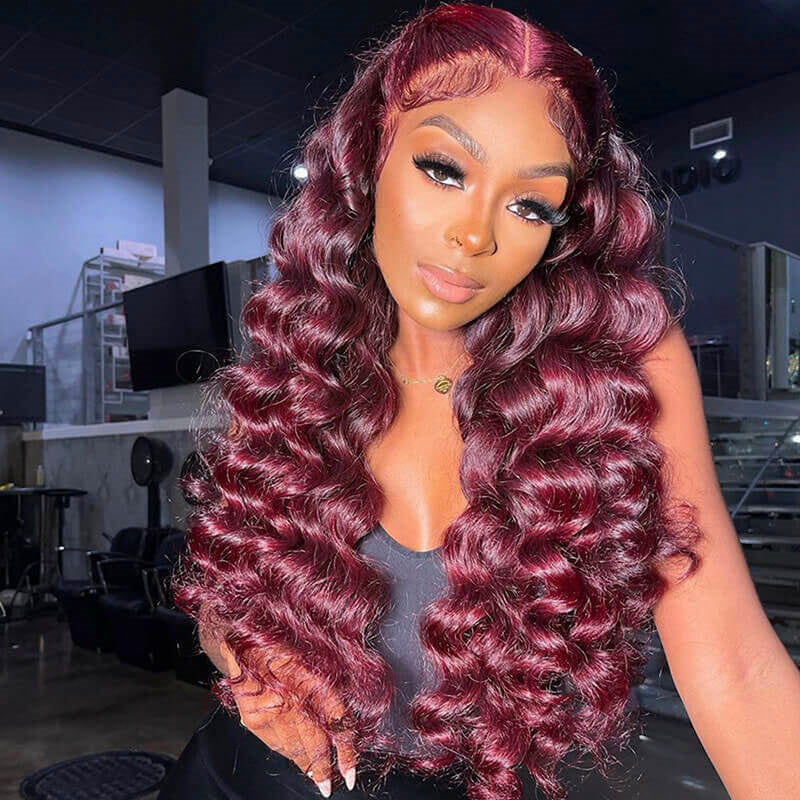 ZSF Red Wine 99j Colored Wig Loose Wave Hair Lace Frontal Wig Transparent Lace Wig 100% Human Hair