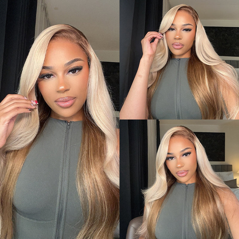 ZSF 6*4.5 Champagne and Brown Ombre Colored Body Wave Glueless HD Lace Wig Miniknots Natural Hairline