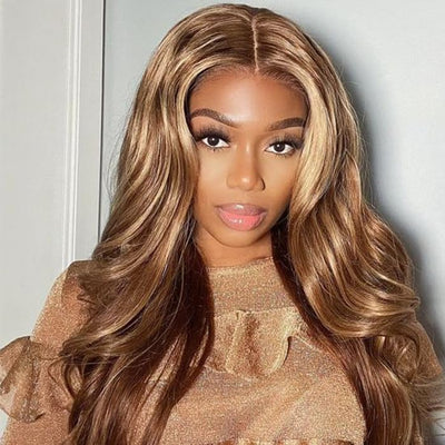【Deals】ZSF Honey Blonde/Brown Piano 4/27# Fashion Highlights Body Wave Lace Human Wig Hair