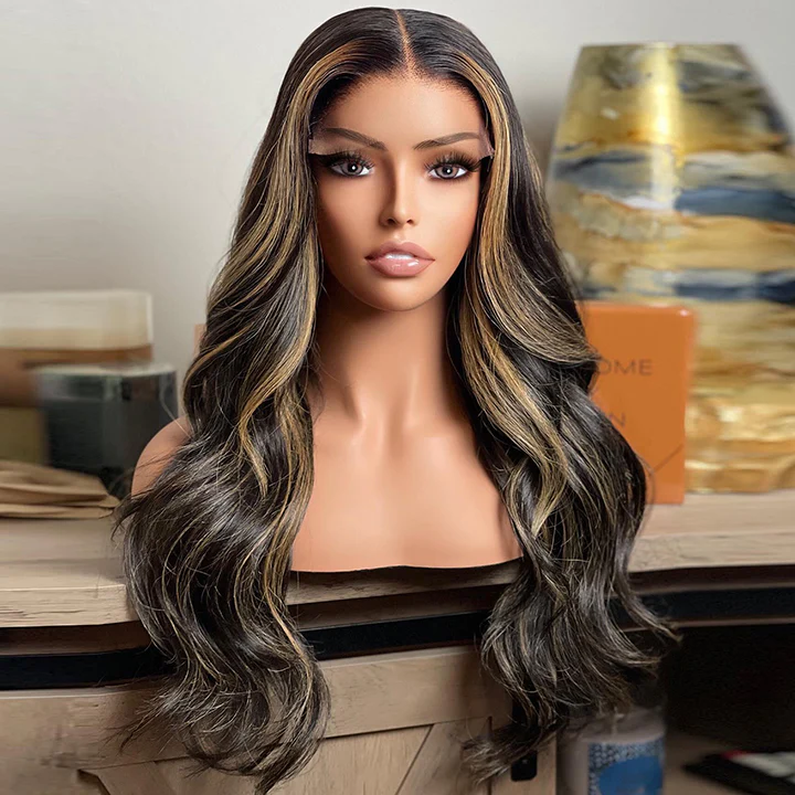 ZSF Body Wave Balayage Highlight TP1b/27 Honey Blonde Lace Frontal Human Hair Wigs