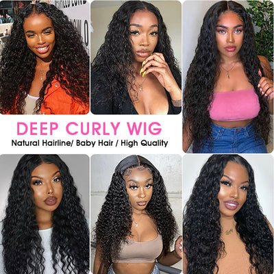 (Clearance Sale)ZSF Lace Closure Wig Deep Curly Unprocessed Human Hair 1Piece Natural Black
