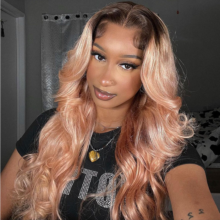 (Ready to Ship) ZSF New Arrival Ombre Golden Pink Dark Root Body Wave Human Wavy Wig