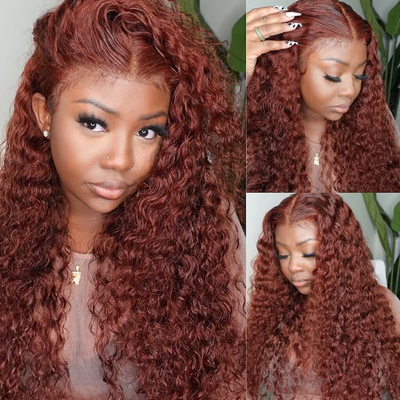 ZSF Auburn Brown #33 Water Wave Copper Transparent Lace Wig Pre-Plucked