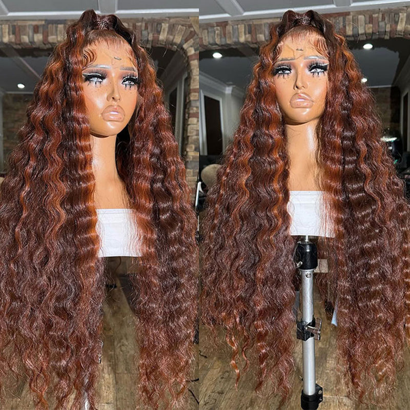 ZSF Autumn Color Reddish Brown Highlight Brown Brazilian Loose Deep Wave Curly Wavy Lace Frontal Wig Natural Hairline Baby Hair