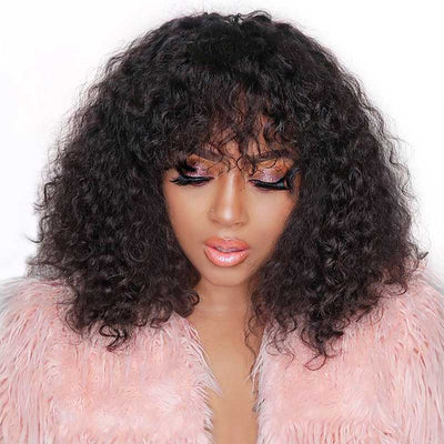 ZSF Short BoB Curly  Wig With Bangs Bouncy Curly Glueless Wear Go Bob Wigs Full Machine Made