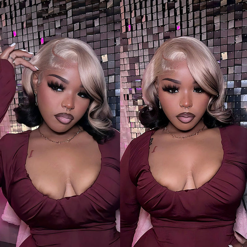 ZSF Fashion Gradient Color Ice Blonde With Black Bob Straight Virgin Hair Lace Wig Invisible Knots Hair