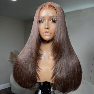 ZSF Chestnut Light Brown #4 Straight Layer Cut Human Hair Wig